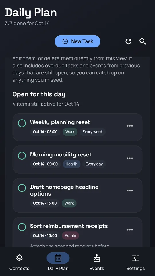 Daily plan with today's tasks, their contexts, and progress for the day
