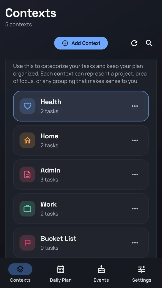 Contexts list with Health, Home, Admin, Work, and Bucket List