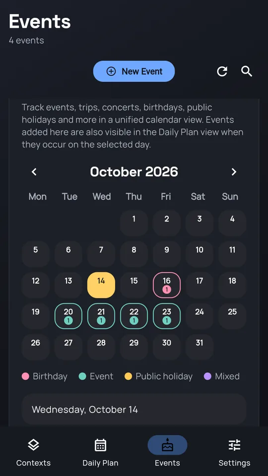 Events calendar with birthdays and a multi-day event
